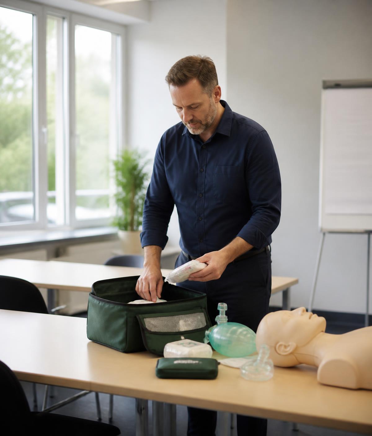 A professional trainer preparing first aid equipment