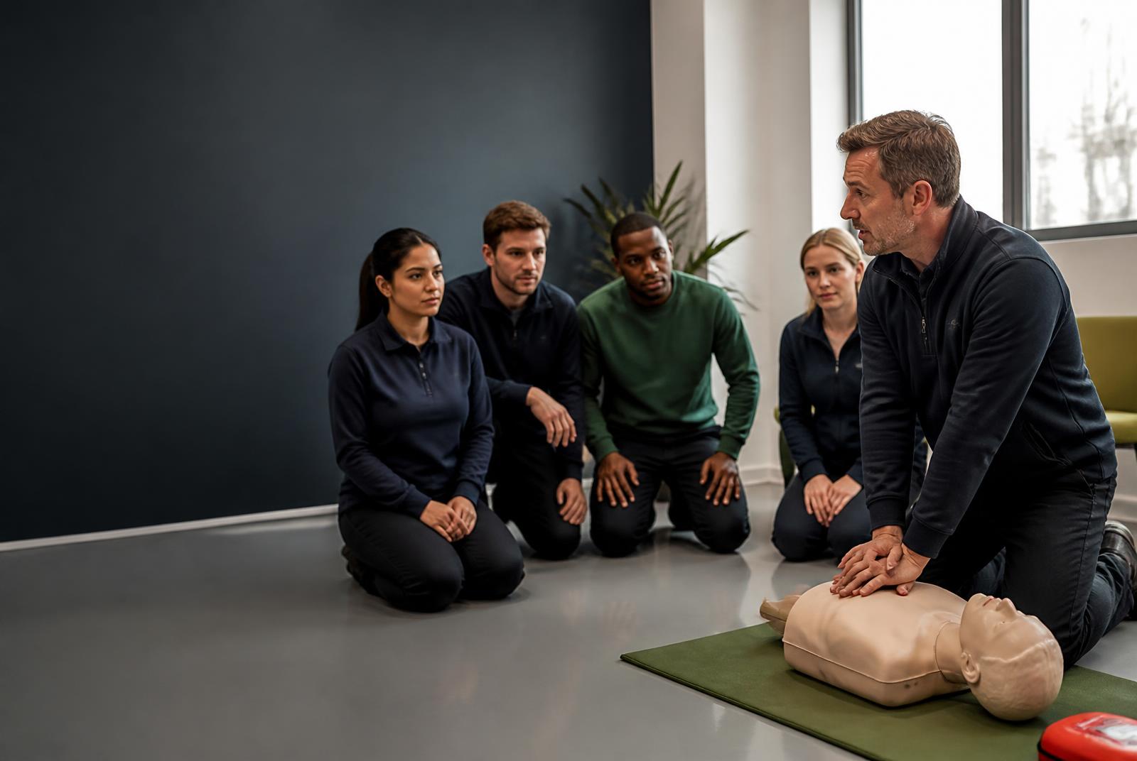 An instructor demonstrating CPR during a workplace training session