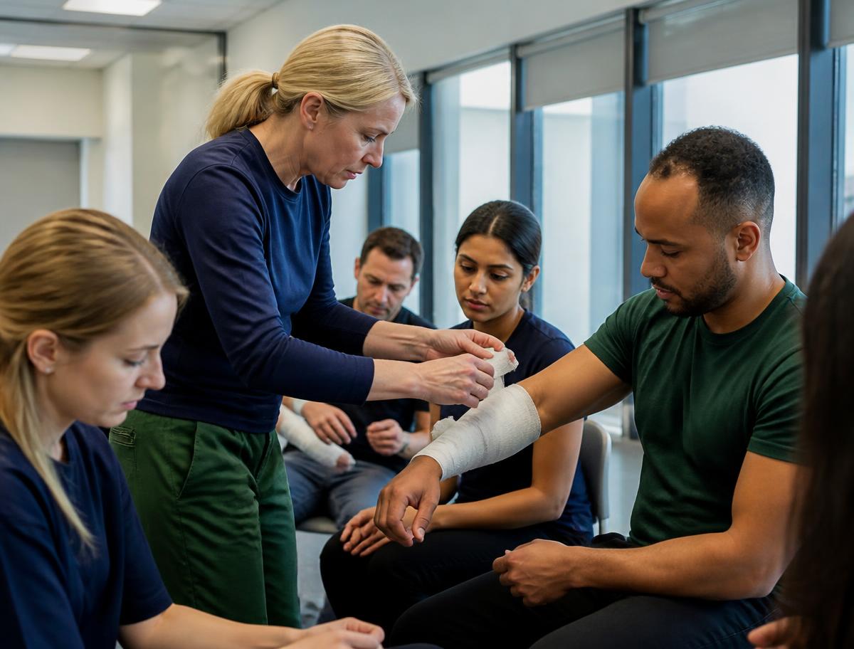 A trainer guiding practical bandaging during a workplace course
